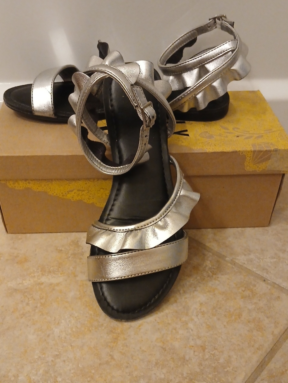 Mix No. 6 Metallic Silver Ruffle Ankle-Strap Sandals